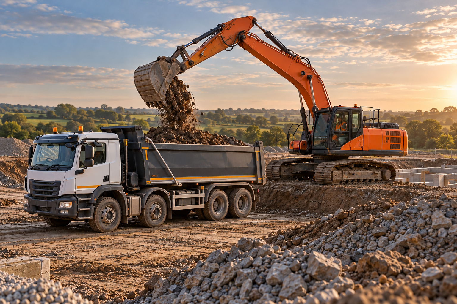 Illustrative excavator loading earth into a tipper lorry